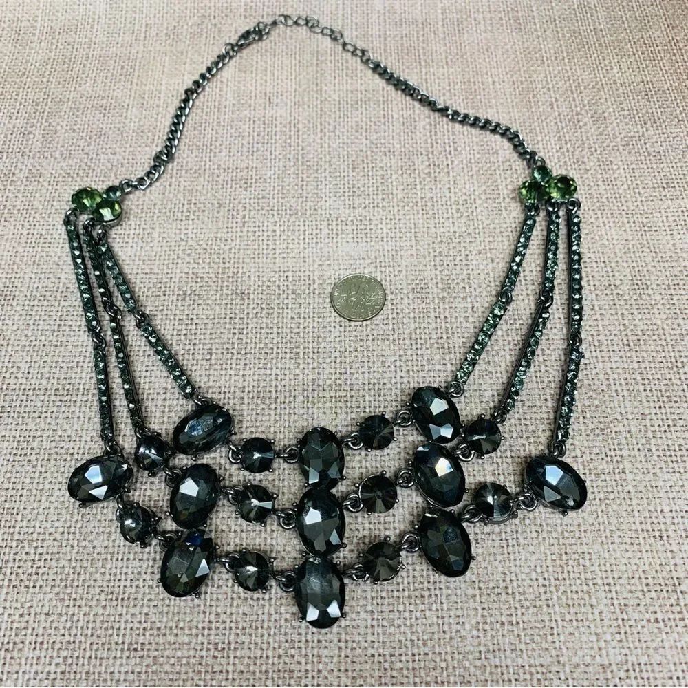 Gunmetal Gray Green Crystal Layered Necklace‎